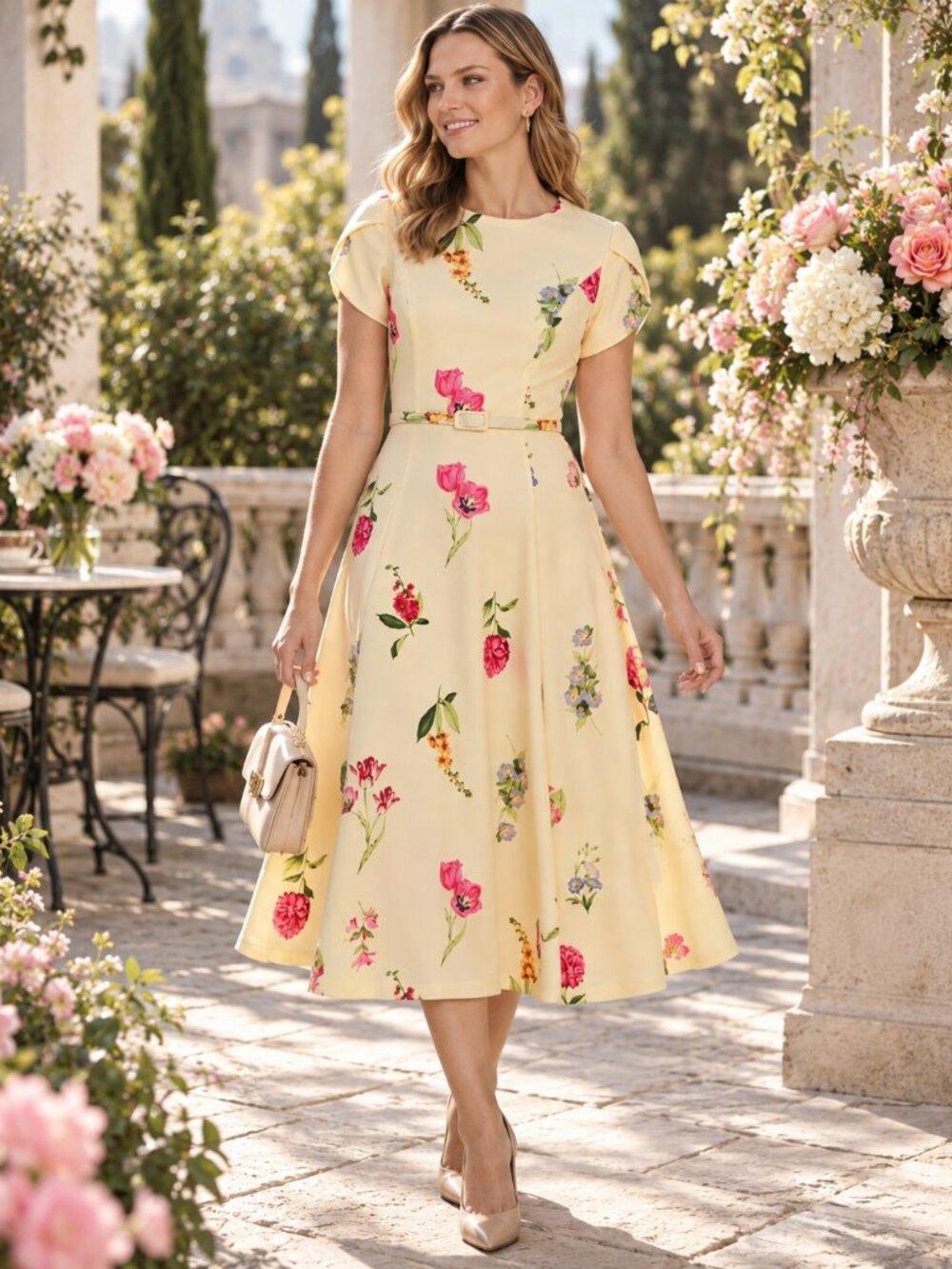 Jessica Howard Yellow Floral Belted Midi Dress Size 8 NWT